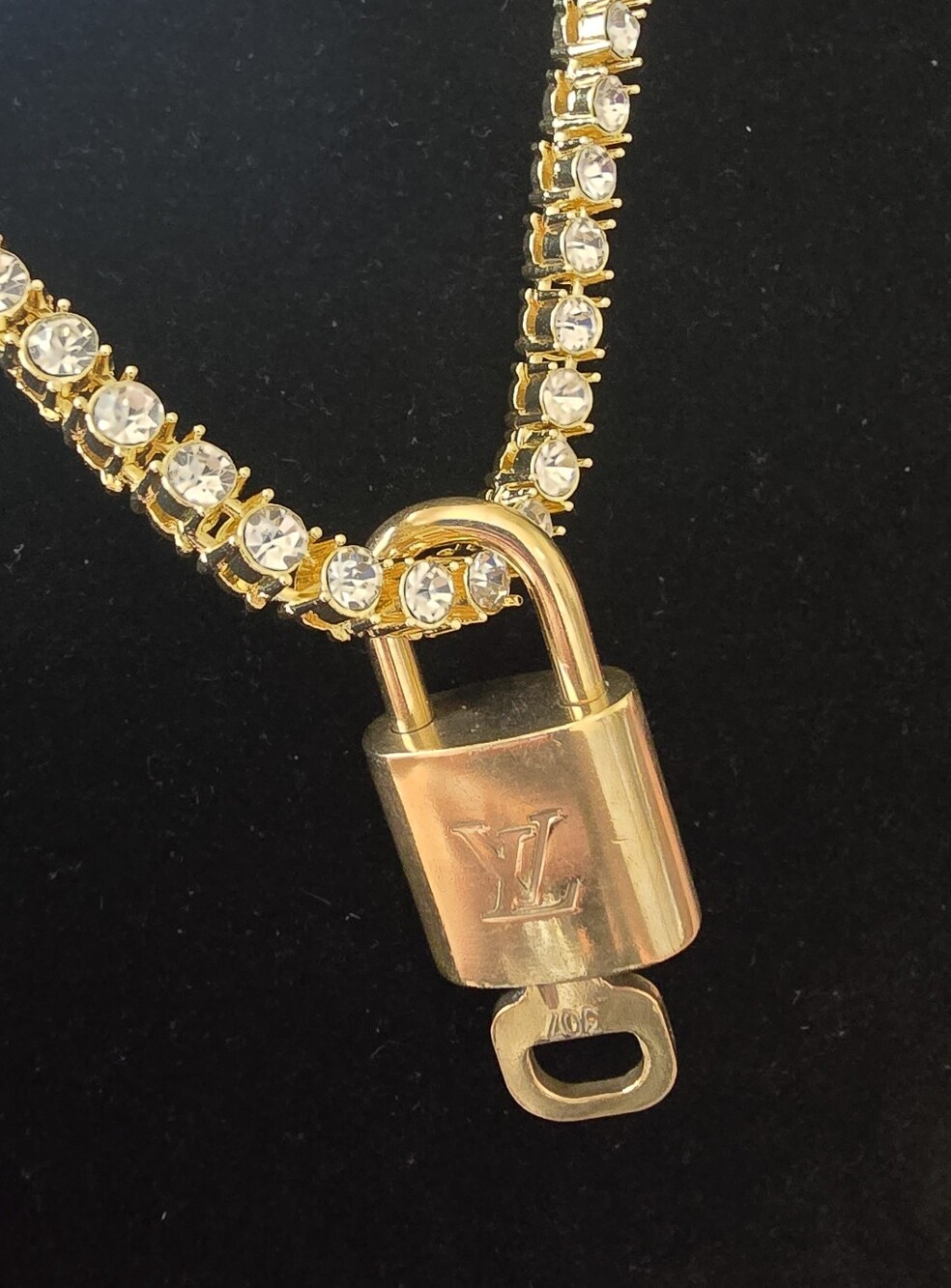 Louis Vuitton Gold Padlock Pendant on Crystal Pavé tennis Chain - Picture 9 of 9